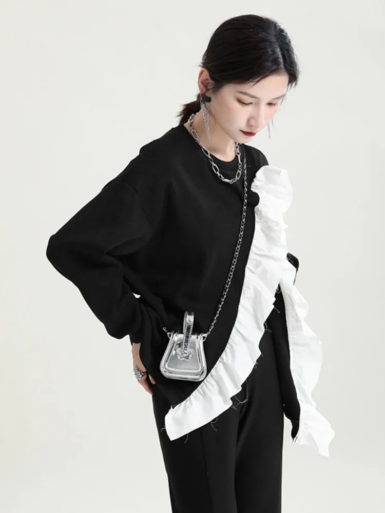 Hit Color Irregular Sweatshirts For Women Round Neck Long Sleeve Patchwork Strappy Sweatshirt Female Fashion