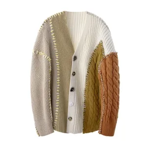 Hit Color Knitting Sweaters For Women V Neck Long Sleeve Patchwork Single Breasted Loose Sweater Female Fashion