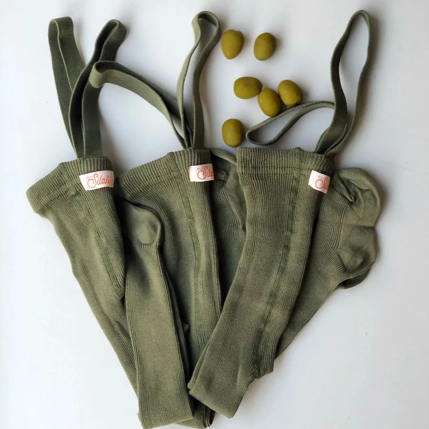 Retro Ribbed Footed Tights - Olive