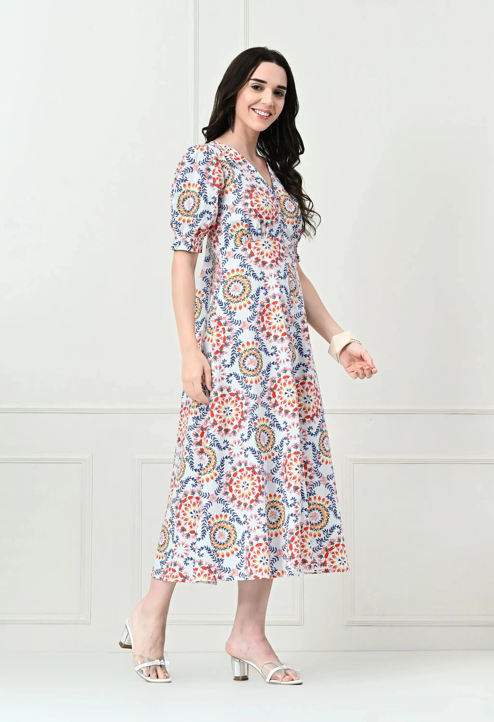 White Multicoloured Cotton Poplin Midi Dress